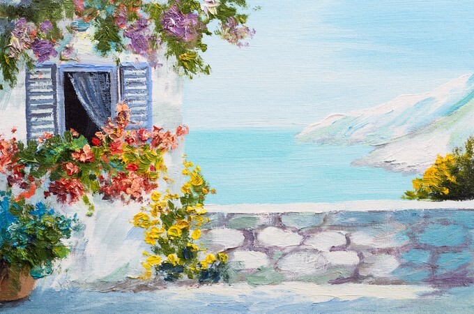 Oil painting landscape - terrace near the sea, flowers